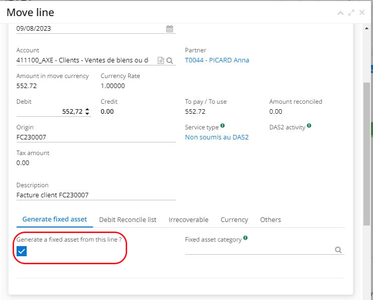 1.1. If you click on a move line in the account move form, a new Move
Line tab will open. Click on “Generate fixed asset” and then check
“Generate a fixed asset from this line” if you wish to generate a
fixed asset from an account move.
